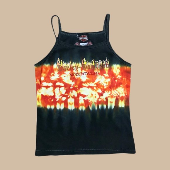 Harley-Davidson Tops - Harley Davidson tie dye black orange and yellow flames embroidered logo tank top